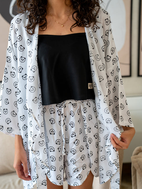 Women summer 3 piece pajama set Black Top + Coffee lover panda kimono & Short